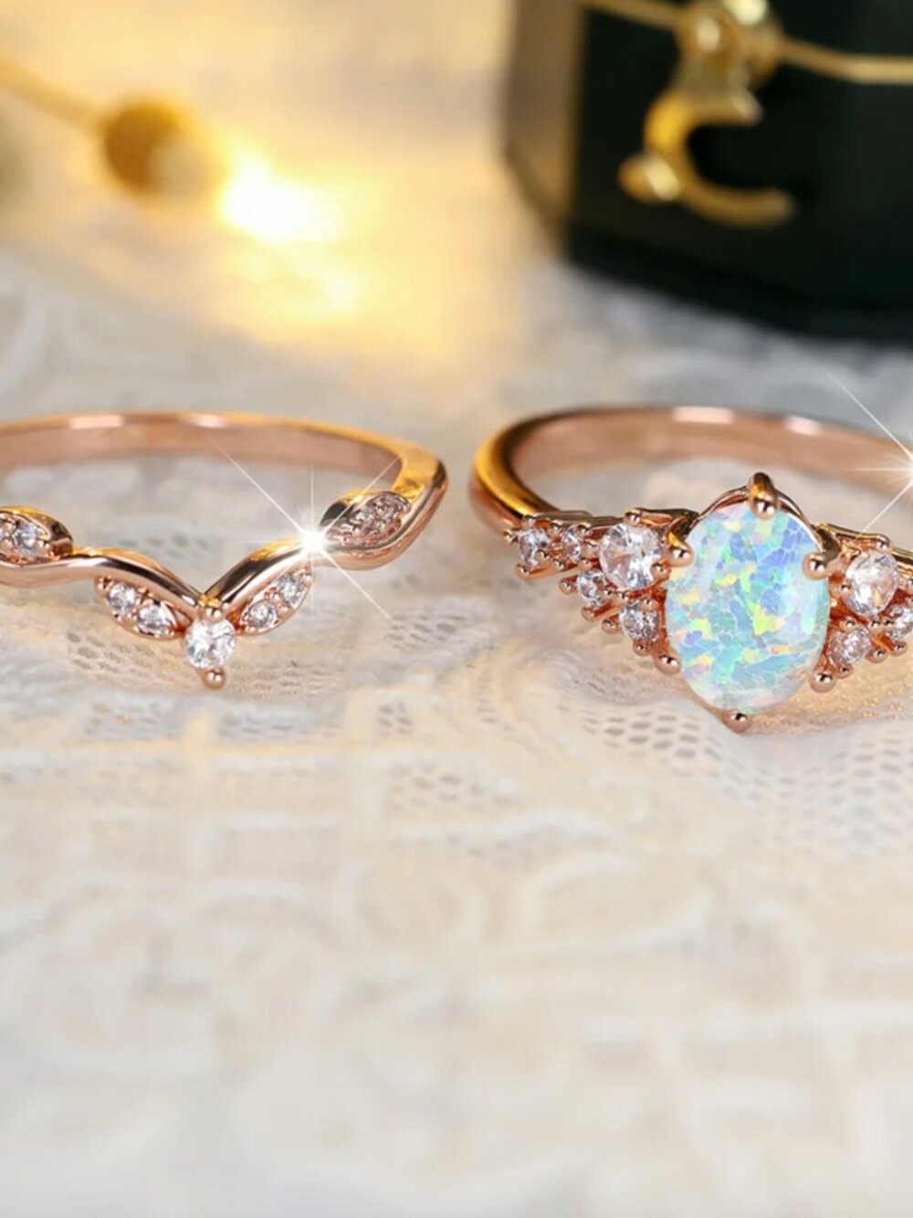 NEW 14k Rose Gold Diamond Ring Band Set of 2 Stackable Rings - Picture 4 of 4